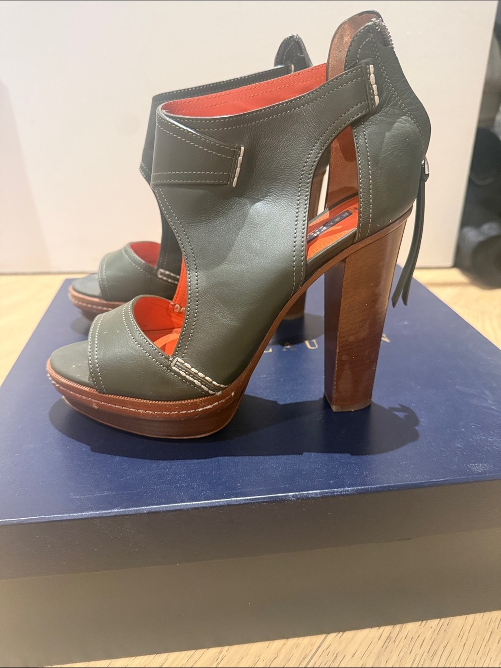 Ralph Lauren Collection - Green Leather Cutout Heels with Orange Lining